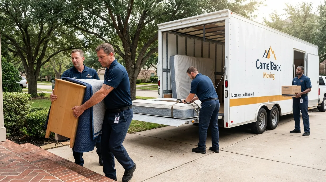 Crew loading residential truck for cross-state move from Geronimo, OK