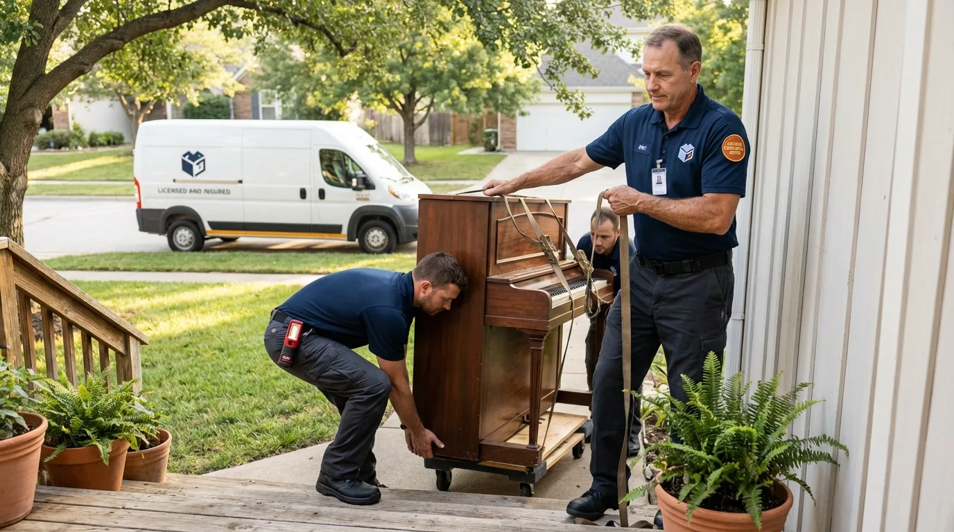 Licensed piano movers securing grand piano in Geronimo, OK