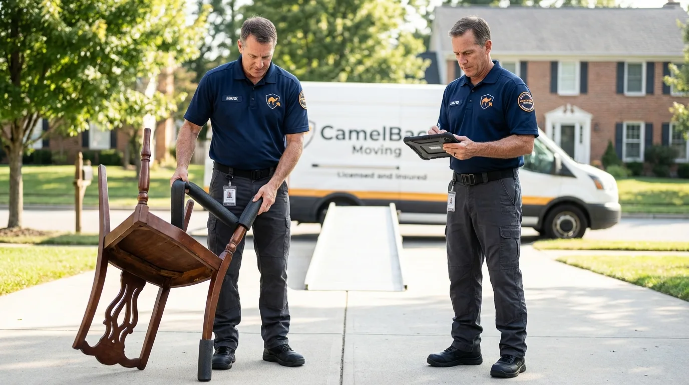 Movers inspecting furniture for damage prevention before loading in Geronimo, OK