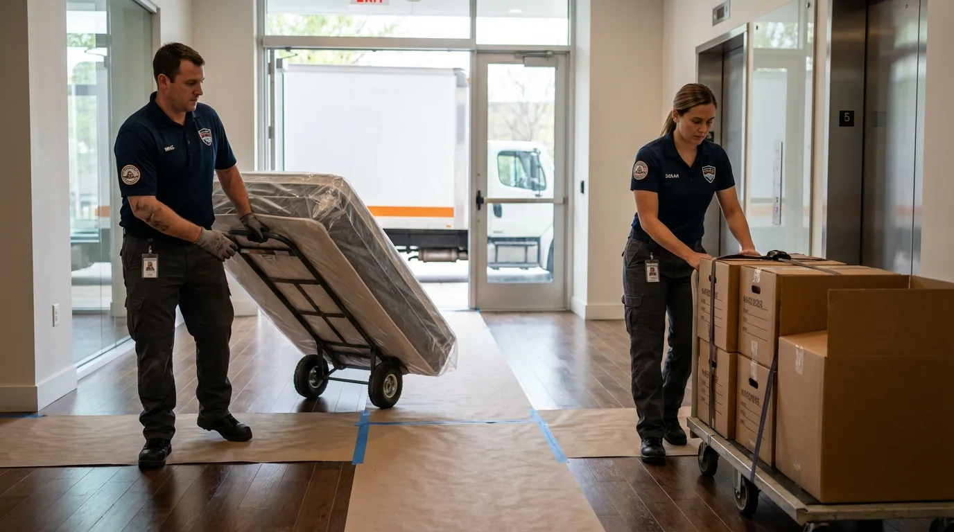 Professional apartment movers loading elevator in Geronimo, OK